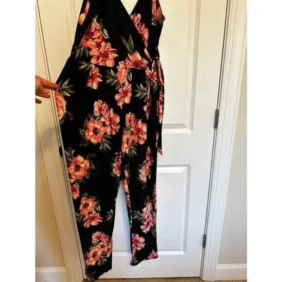 Derek Heart Black Floral Wrap Jumpsuit Size XL - Picture 2 of 6